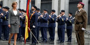 Spain's new Defence Minister de Cospedal reviews troops during her handing over ceremony at the defence ministry in Madrid